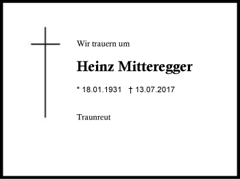 Traueranzeige von Heinz Mitteregger von Region Berchtesgadener Land