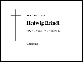 Traueranzeige von Hedwig Reindl von Region Chiemgau