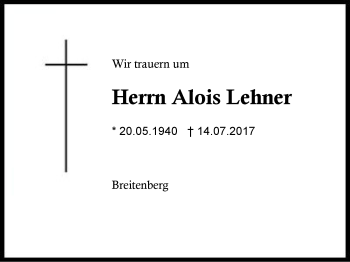 Traueranzeige von Alois Lehner von Region Berchtesgadener Land