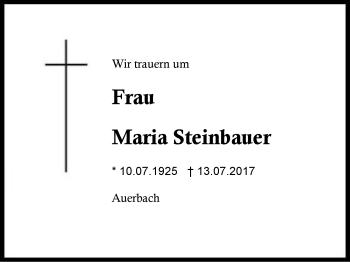 Traueranzeige von Maria Steinbauer von Region Berchtesgadener Land