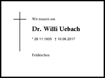Traueranzeige von Willi Uebach von Region Berchtesgadener Land