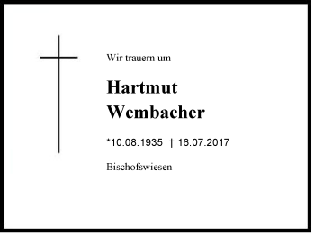 Traueranzeige von Hartmut Wembacher von Region Berchtesgadener Land