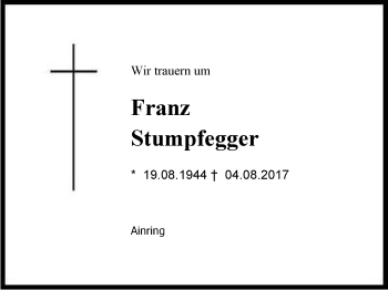 Traueranzeige von Franz Stumpfegger von Region Berchtesgadener Land