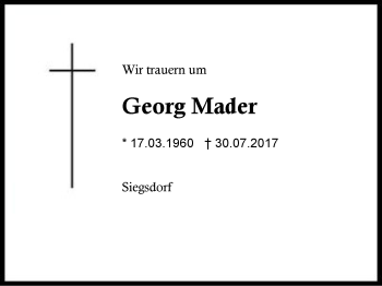 Traueranzeige von Georg Mader von Region Chiemgau