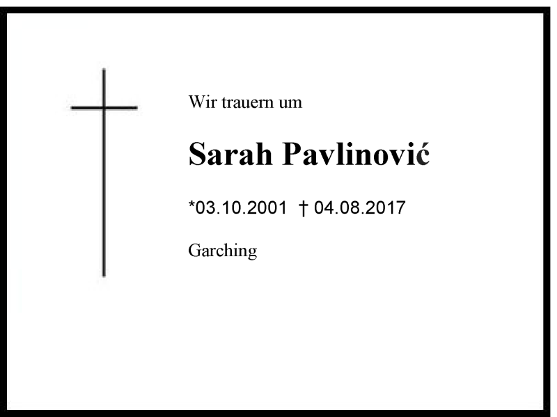  Traueranzeige für Sarah  Pavlinovic vom 10.08.2017 aus Region Chiemgau