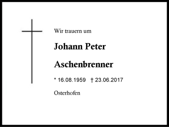 Traueranzeige von Johann Peter Aschenbrenner von Region Berchtesgadener Land