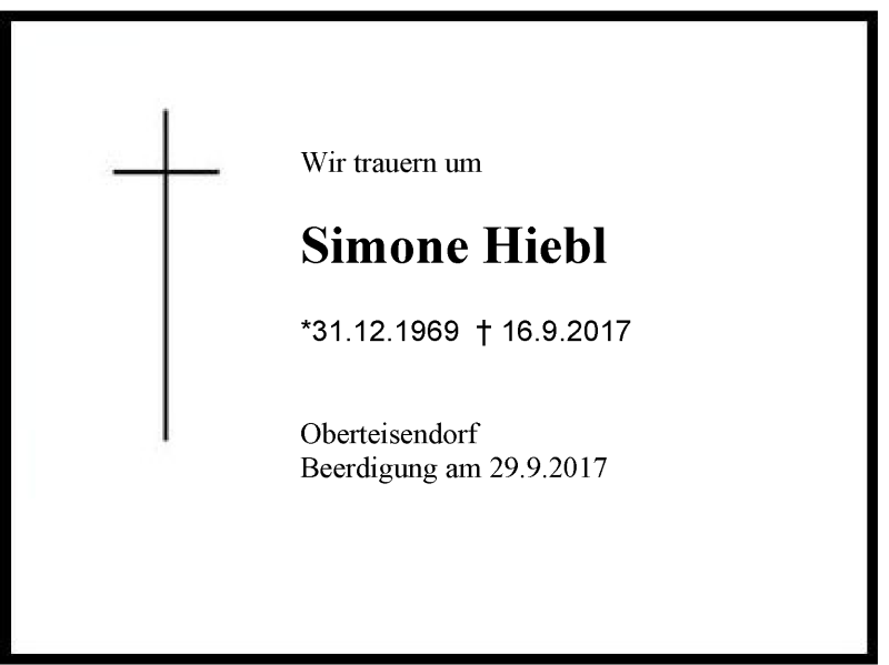  Traueranzeige für Simone Hiebl vom 27.09.2017 aus Region Berchtesgadener Land