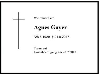 Traueranzeige von Agnes Gayer von Region Chiemgau