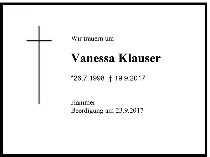  Traueranzeige für Vanessa Klauser vom 21.09.2017 aus Region Chiemgau