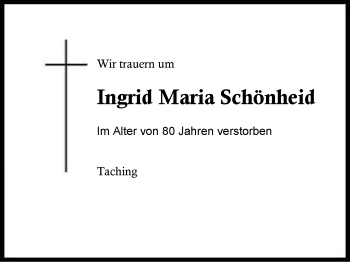Traueranzeige von Ingrid Maria Schönheid von Region Berchtesgadener Land