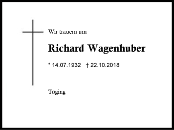 Traueranzeige von Richard Wagenhuber von Region Berchtesgadener Land