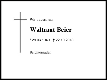 Traueranzeige von Waltraut Beier von Region Chiemgau