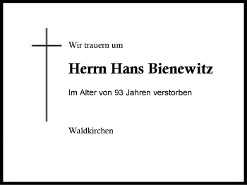 Traueranzeige von Hans Bienewitz von Region Berchtesgadener Land