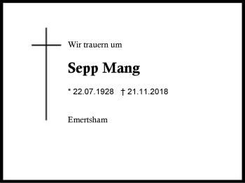 Traueranzeige von Sepp Mang von Region Berchtesgadener Land