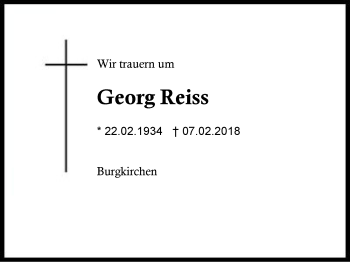 Traueranzeige von Georg Reiss von Region Berchtesgadener Land
