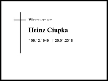 Traueranzeige von Heinz Ciupka von Region Berchtesgadener Land