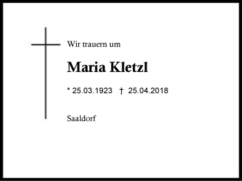 Traueranzeige von Maria Kletzl von Region Berchtesgadener Land
