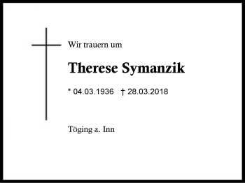 Traueranzeige von Therese Symanzik von Region Berchtesgadener Land