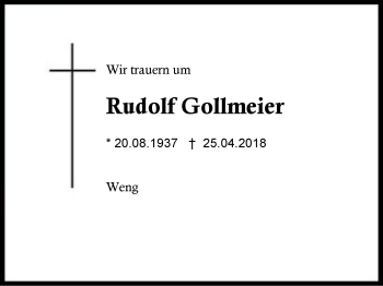 Traueranzeige von Rudolf Gollmeier von Region Berchtesgadener Land
