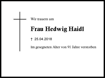 Traueranzeige von Hedwig Haidl von Region Berchtesgadener Land