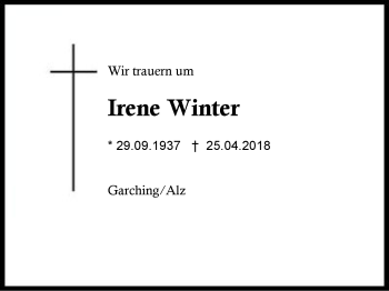 Traueranzeige von Irene Winter von Region Berchtesgadener Land