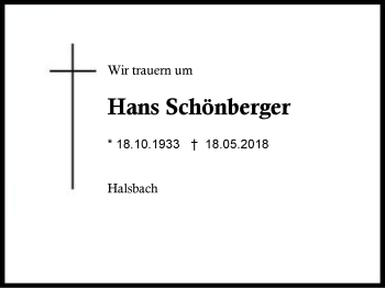 Traueranzeige von Hans Schönberger von Region Berchtesgadener Land
