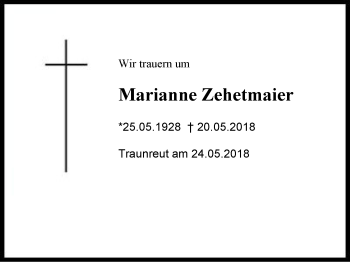 Traueranzeige von Marianne Zehetmaier von Region Chiemgau