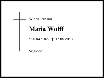 Traueranzeige von Maria Wolff von Region Chiemgau