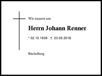 Traueranzeige von Johann Renner von Region Berchtesgadener Land