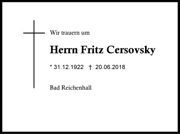 Traueranzeige von Fritz Cersovsky von Region Berchtesgadener Land