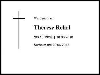 Traueranzeige von Therese Rehrl von Region Chiemgau