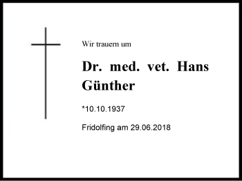 Traueranzeige von Dr. med. vet. Hans Günther von Region Chiemgau
