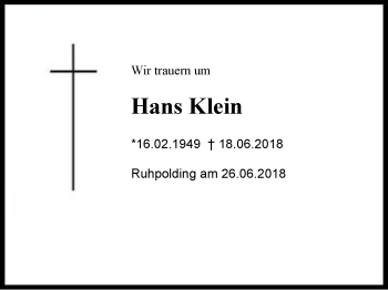 Traueranzeige von Hans Klein von Region Chiemgau