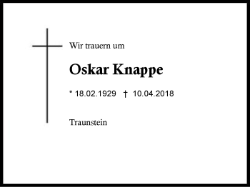 Traueranzeige von Oskar Knappe von Region Chiemgau