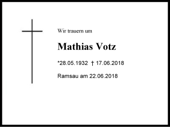 Traueranzeige von Mathias Votz von Region Berchtesgadener Land