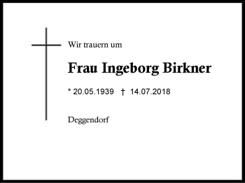 Traueranzeige von Ingeborg Birkner von Region Berchtesgadener Land