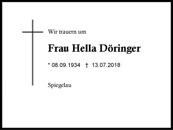 Traueranzeige von Hella Döringer von Region Berchtesgadener Land