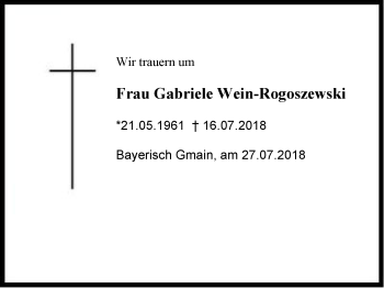 Traueranzeige von Gabriele  Wein-Rogoszewski von Region Berchtesgadener Land