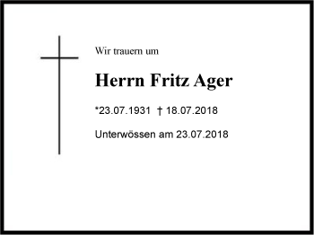 Traueranzeige von Fritz Ager von Region Chiemgau