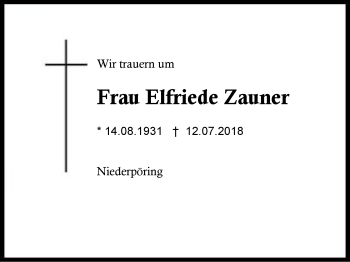 Traueranzeige von Elfriede Zauner von Region Berchtesgadener Land
