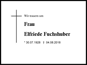 Traueranzeige von Elfriede Fuchshuber von Region Berchtesgadener Land