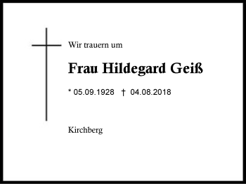 Traueranzeige von Hildegard Geiß von Region Berchtesgadener Land