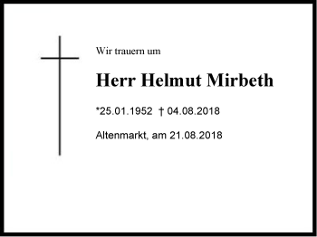 Traueranzeige von Helmut Mirbeth von Region Chiemgau