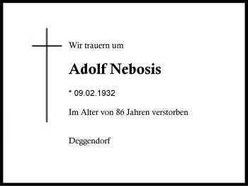 Traueranzeige von Adolf Nebosis von Region Berchtesgadener Land