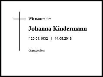 Traueranzeige von Johanna Kindermann von Region Berchtesgadener Land