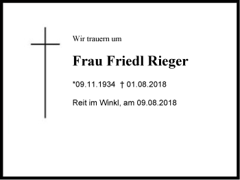 Traueranzeige von Friedl Rieger von Region Chiemgau