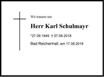 Traueranzeige von Karl Schulmayr von Region Berchtesgadener Land