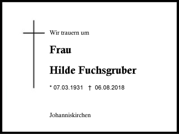 Traueranzeige von Hilde Fuchsgruber von Region Berchtesgadener Land