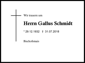 Traueranzeige von Gallus Schmidt von Region Berchtesgadener Land