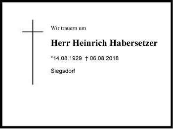 Traueranzeige von Heinrich Habersetzer von Region Chiemgau